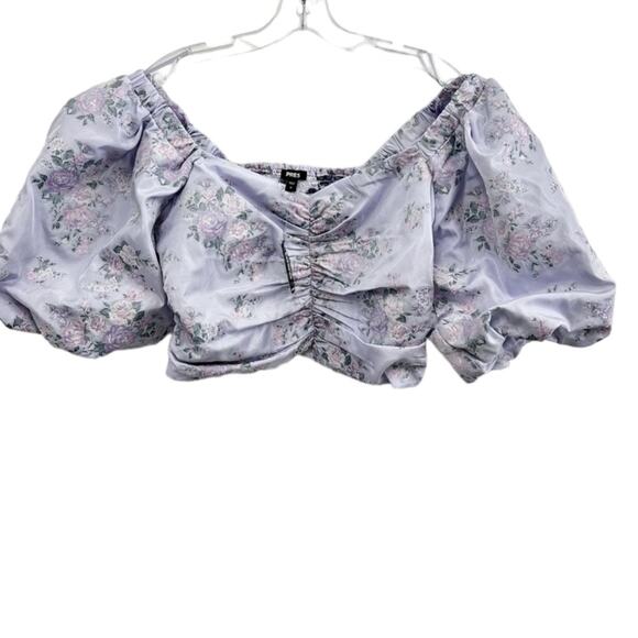 NWT Express Lavender Purple Floral Short Puff Sleeve Ruched Cropped Top Size XS - Picture 6 of 10